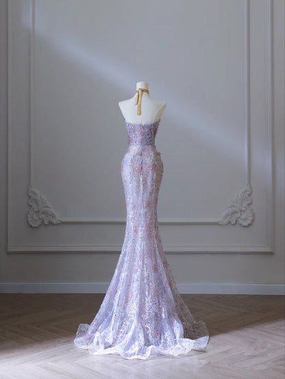 Purple Mermaid Strapless Heart Neck 3D Flower Long Evening Dresses TP1522