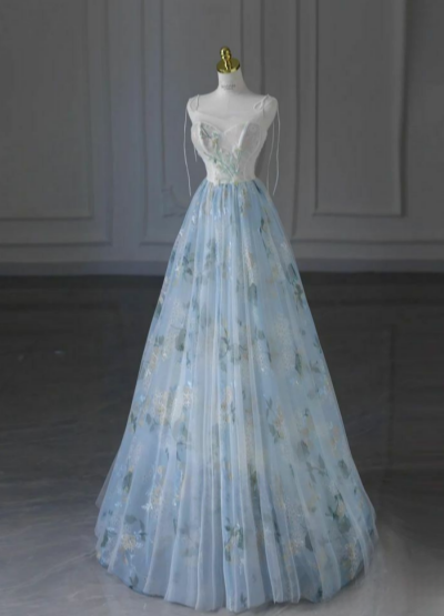 Light Blue A-Line Printed Spaghetti Strap Tulle Long Dress TP1526