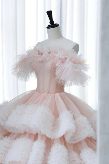 Ball Gown Off Shoulder Pink Tulle Long Prom Dress, Sweet 16 Dress TP1528