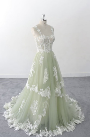 Light Green A-line Spaghetti Straps Heart Neck Lace Tulle Long Evening Gowns TP1529