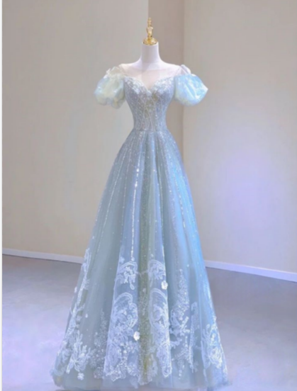 Light Blue A-line Round Neck Short Sleeve Tulle Long Prom Dresses TP1530