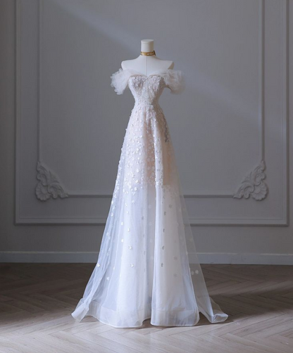 White A-line Strapless Tulle Long Prom Dresses TP1531