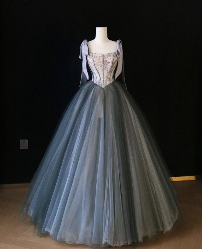 Printed Satin and Gray Tulle A-Line Sleeveless Long Prom Dresses TP1532