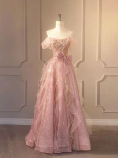 Pink A-Line Strapless Strapless Ruffle Bow Tulle Long Prom Dresses TP1533