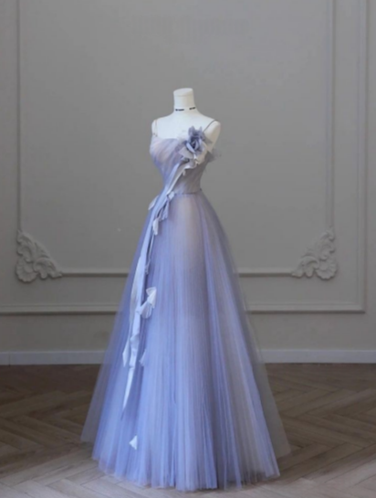 Purple A-Line Spaghetti Straps 3D Flower Tulle Long Prom Dresses TP1534