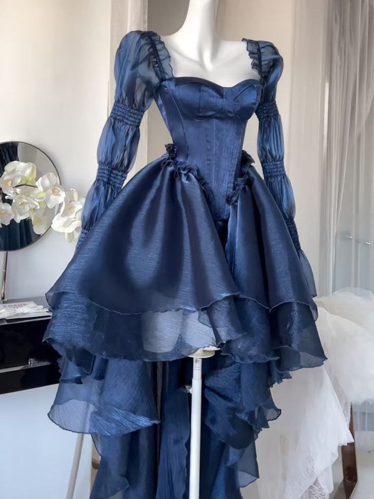 Blue High Low Cardi Neck Long Sleeve Prom Dresses TP1535