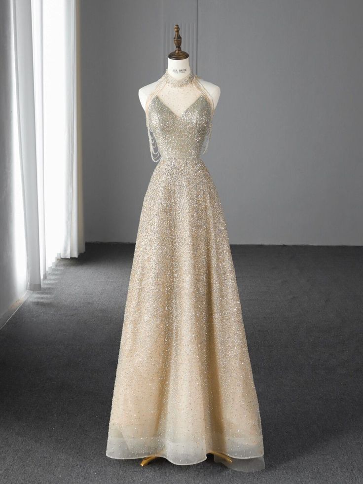 Gold A-Line Neckline Beaded Tulle Long Prom Dresses TP1546