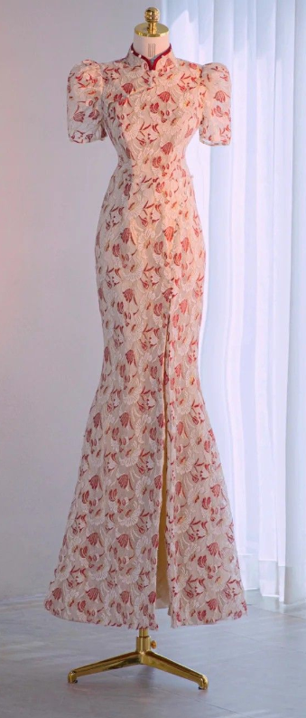 Pink Cheongsam Mermaid Print Split Short Sleeve Prom Dresses TP1553