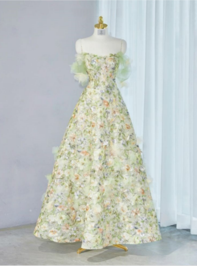 Green A-Line Strapless Strapless 3D Flower Long Prom Dresses TP1555