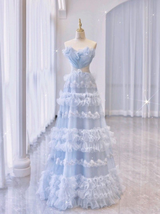 Pale Blue A-Line Strapless Tulle Long Prom Dresses TP1557