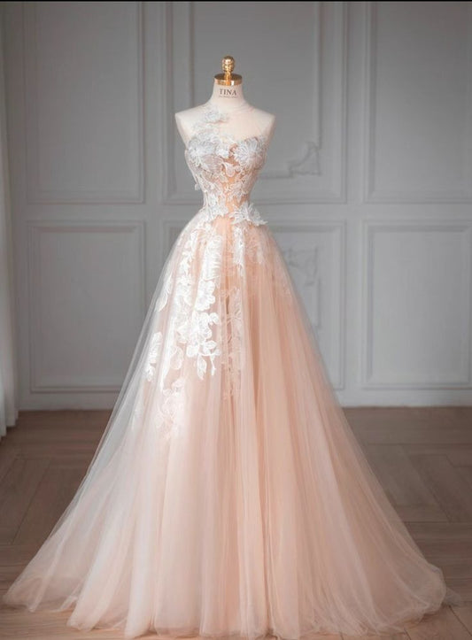 Pink A-line Round Neck Sleeveless Lace Tulle Long Prom Dresses TP1559