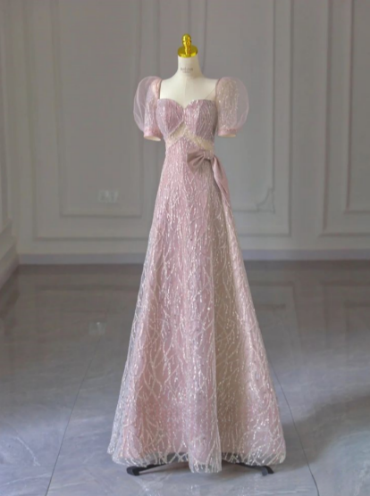 Pink A-Line Short Sleeve Glitter Tulle Long Prom Dresses TP1560
