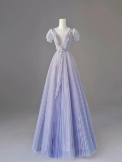 Charming Gradient Purple A Purple Short Sleeve Tulle Long Prom Dresses TP1562