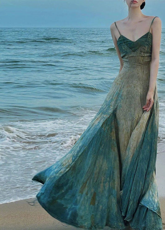 Gradient Green A-Line Spaghetti Strap Long Dress TP1575