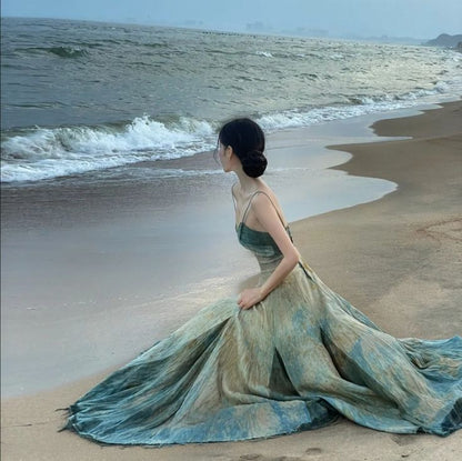 Gradient Green A-Line Spaghetti Strap Long Dress TP1575