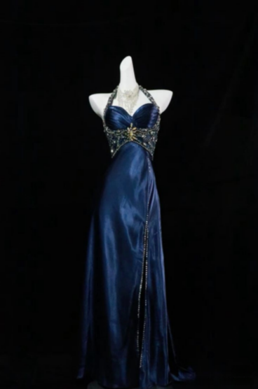 Navy A-Line Hanging Neck Satin Split Long Prom Dresses TP1577