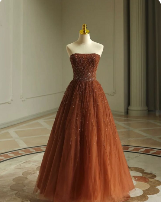 Brown A-Line Sheath Strapless Tulle Long Prom Dresses TP1578