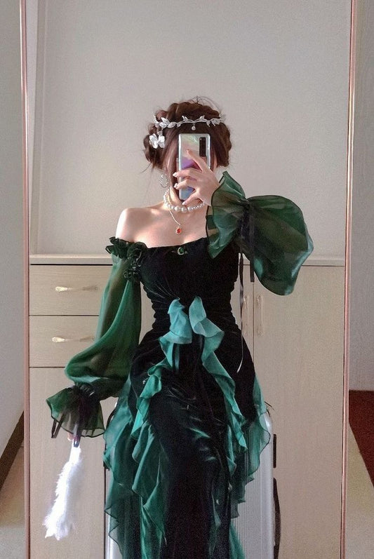 Green Strapless Velvet Ruffle Vintage Split Tea Break Dresses TP1581
