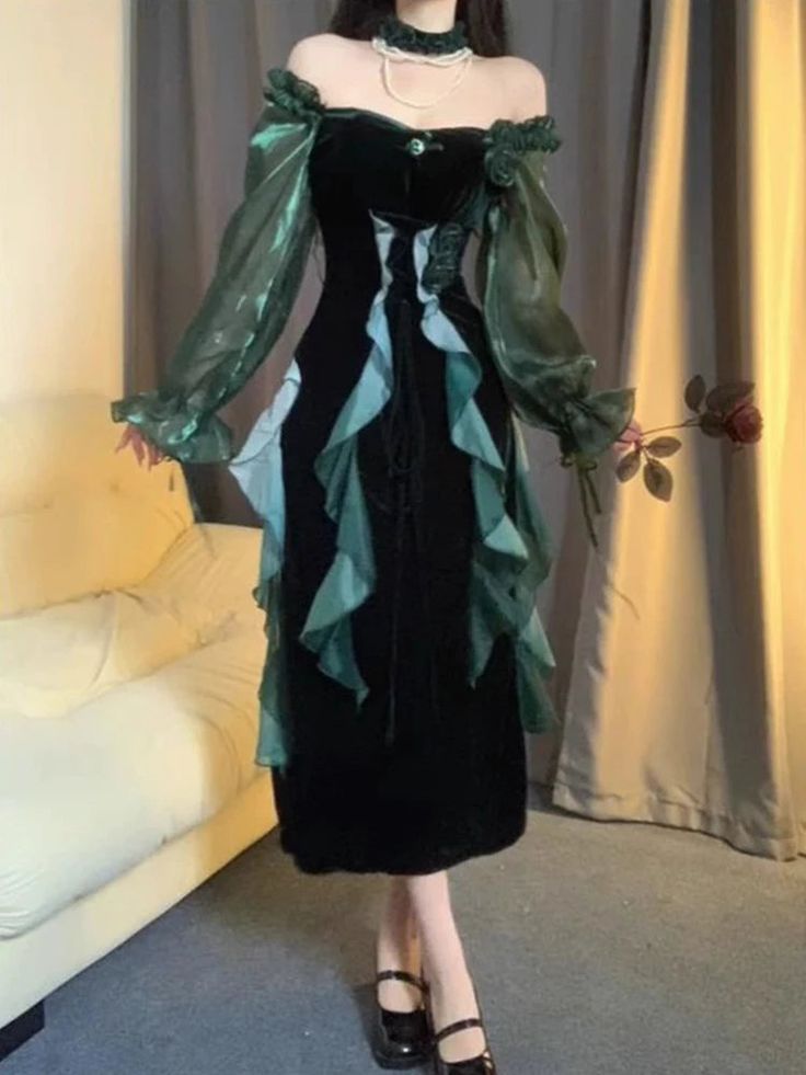 Green Strapless Velvet Ruffle Vintage Split Tea Break Dresses TP1581