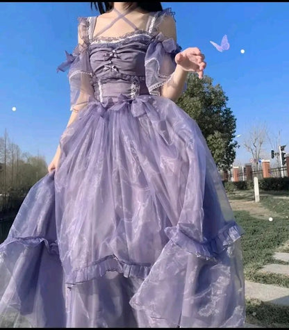 Purple Straps Strapless Lace Tulle Bow Long Dresses TP1583