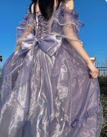 Purple Straps Strapless Lace Tulle Bow Long Dresses TP1583