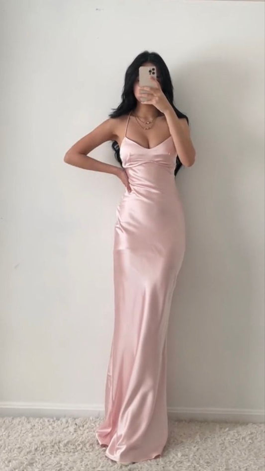 Pink A-Line Spaghetti Strap Simple Satin Long Prom Dresses TP1584