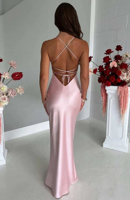 Pink A-Line Spaghetti Strap Simple Satin Long Prom Dresses TP1584