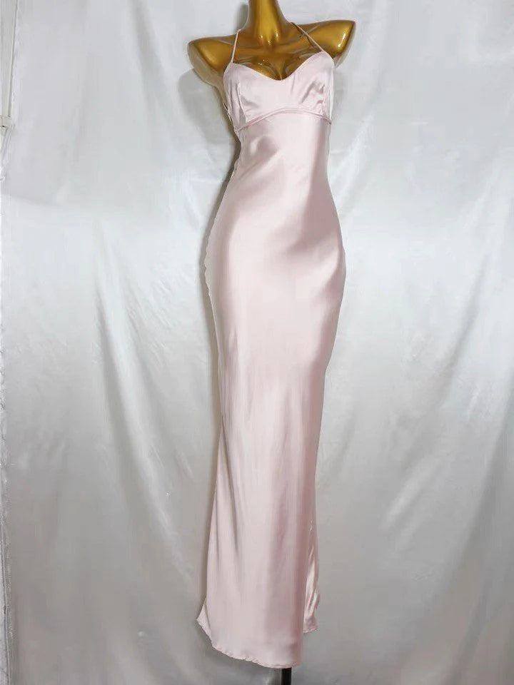 Pink A-Line Spaghetti Strap Simple Satin Long Prom Dresses TP1584