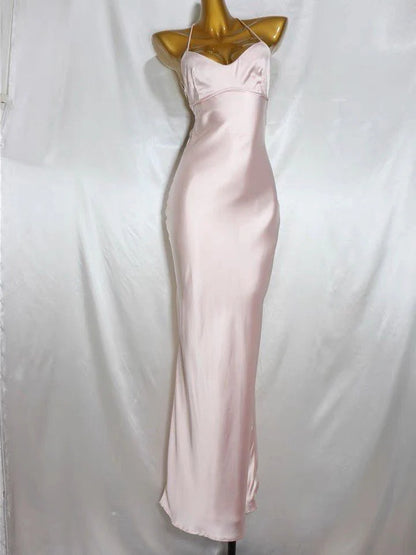 Pink A-Line Spaghetti Strap Simple Satin Long Prom Dresses TP1584
