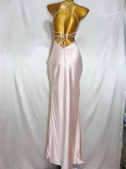 Pink A-Line Spaghetti Strap Simple Satin Long Prom Dresses TP1584