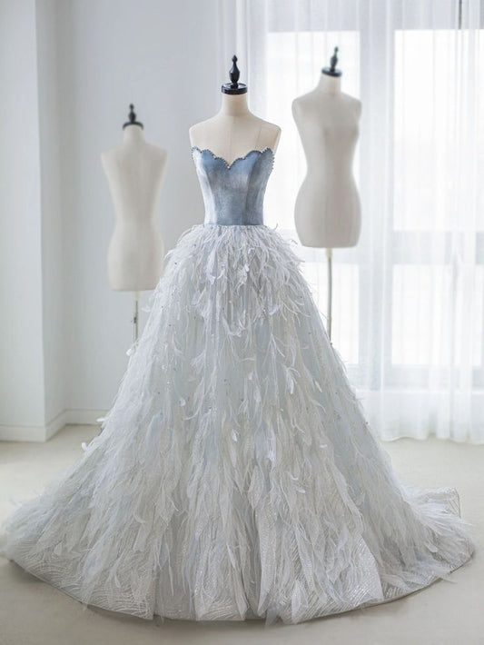 Light Blue A-Line Sheath Strapless Feather Floor Length Prom Dress TP1587