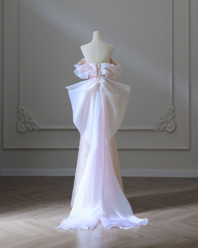 Pink A-Line Sheath Strapless Beaded Tulle Bow Long Prom Dresses TP1588