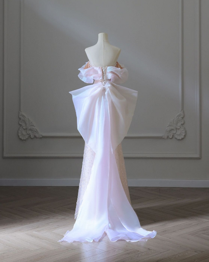 Pink A-Line Sheath Strapless Beaded Tulle Bow Long Prom Dresses TP1588