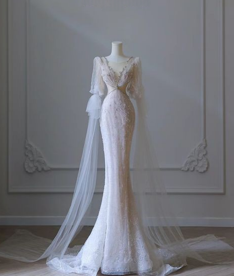 Pink Mermaid Round Neck Long Sleeve Beaded Tulle Long Prom Dresses TP1589