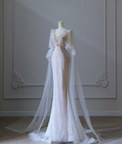 Pink Mermaid Round Neck Long Sleeve Beaded Tulle Long Prom Dresses TP1589