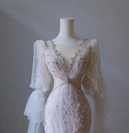 Pink Mermaid Round Neck Long Sleeve Beaded Tulle Long Prom Dresses TP1589