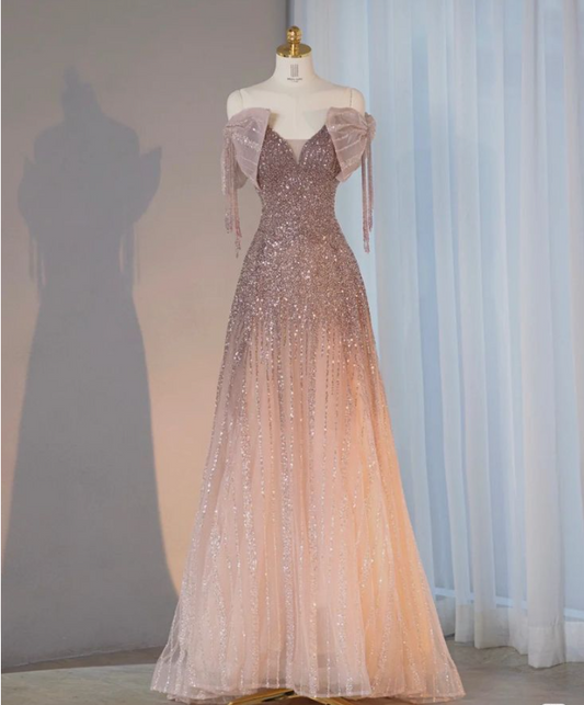 Pink A-Line Strapless Sequined Tulle Long Prom Dresses TP1593