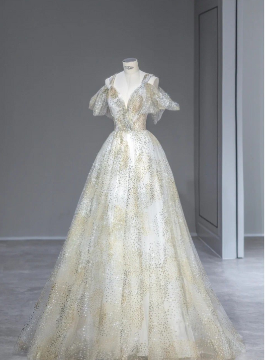 Green A-line Strap Sequined Tulle Floor Length Ball Gowns TP1594