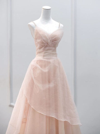 Tulle Beaded Straps Long Prom Dress, A-line Tulle Party Dress TP1595