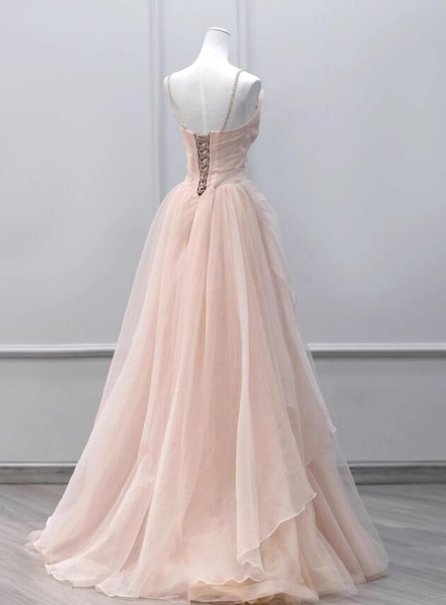 Tulle Beaded Straps Long Prom Dress, A-line Tulle Party Dress TP1595