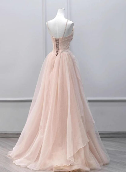 Tulle Beaded Straps Long Prom Dress, A-line Tulle Party Dress TP1595