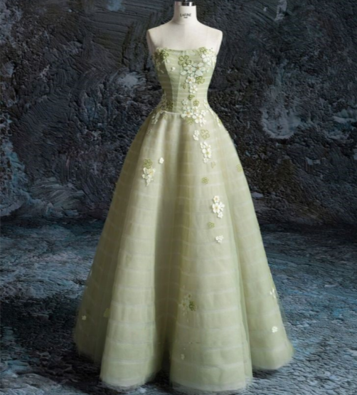 Green A-Line Sheath Strapless 3D Floral Tulle Long Prom Dresses TP1597
