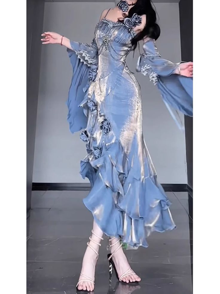 Chic Tailored Spaghetti Straps Blue 3D Flower Long Gowns TP1599