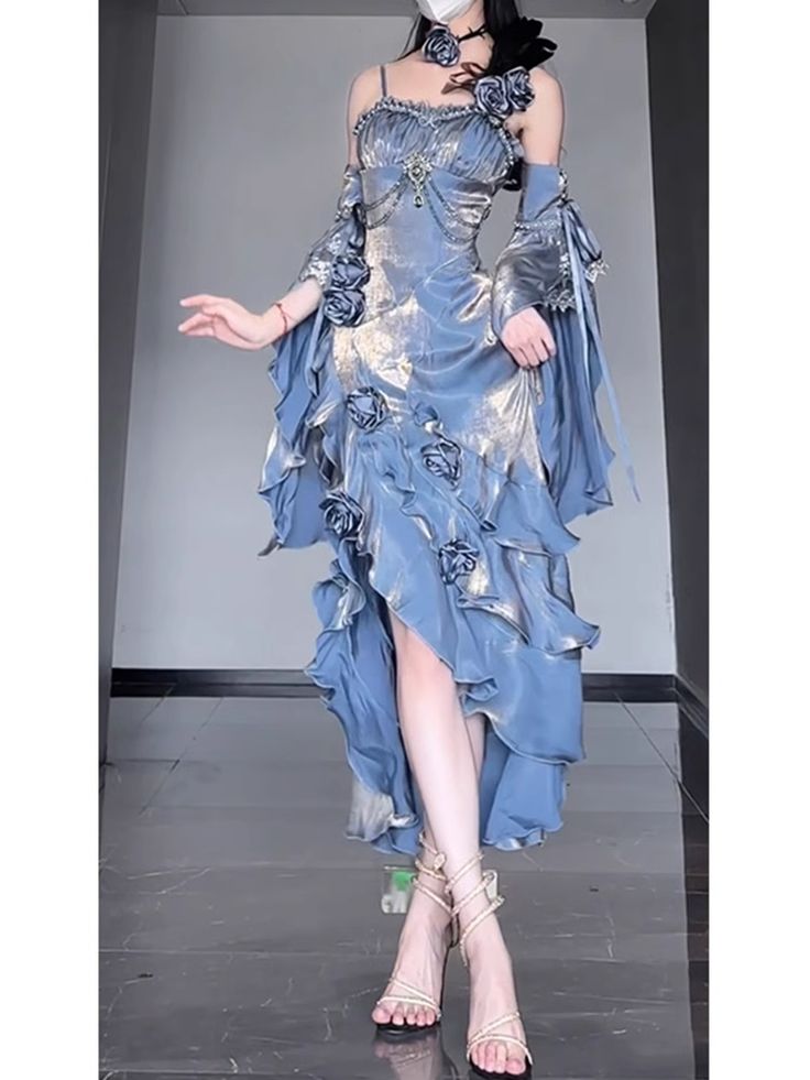 Chic Tailored Spaghetti Straps Blue 3D Flower Long Gowns TP1599