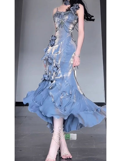 Chic Tailored Spaghetti Straps Blue 3D Flower Long Gowns TP1599