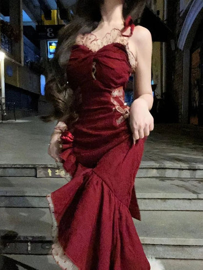 Burgundy Spaghetti Strap Heart Neck High Low Irregular Hem Dress TP1601