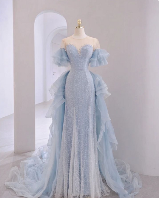 Blue A-Line Round Neck Short Sleeve Tulle Beaded Floor Length Prom Dresses TP1602