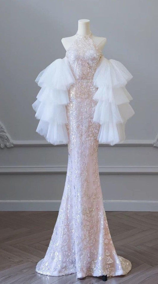 Pink Mermaid Neckline Strapless Sparkling Long Prom Dresses TP1603