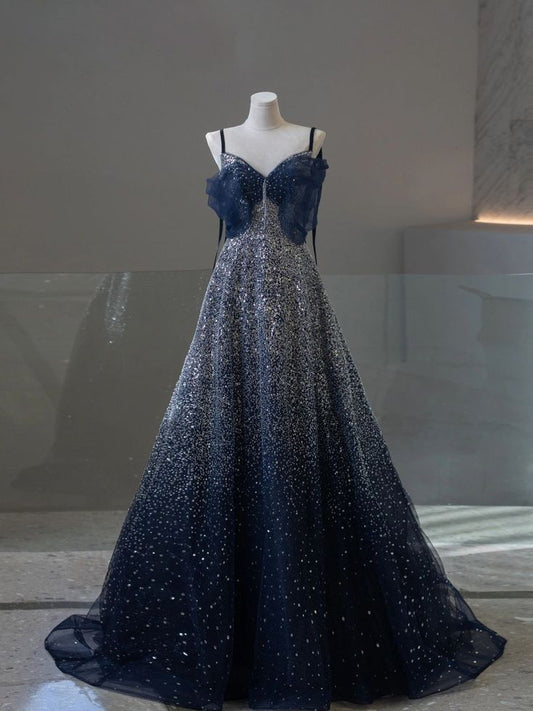 Navy A-Line Spaghetti Strap Heart Neck Sequined Tulle Long Prom Dresses TP1605