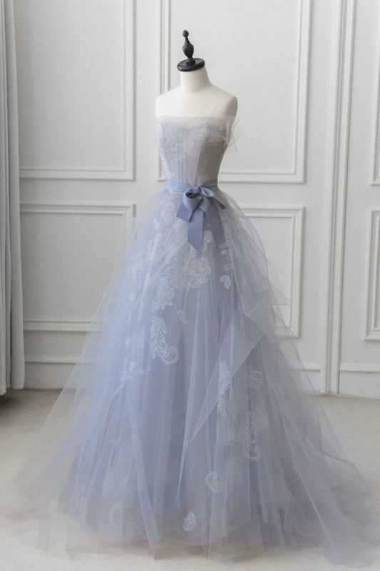 Light Blue A-Line Sheath Strapless Tulle Long Prom Dresses TP1607